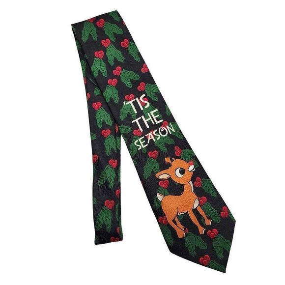 Rudolph Reindeer Men Accessories, 'Tis The Season Holly Berry Holiday Xmas Tie - Picture 1 of 5